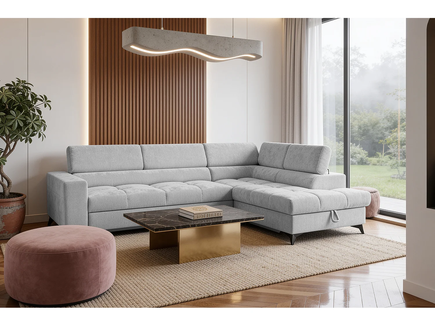 Canapé d'angle droit convertible 5 places tissu chenille gris clair BEVIANO