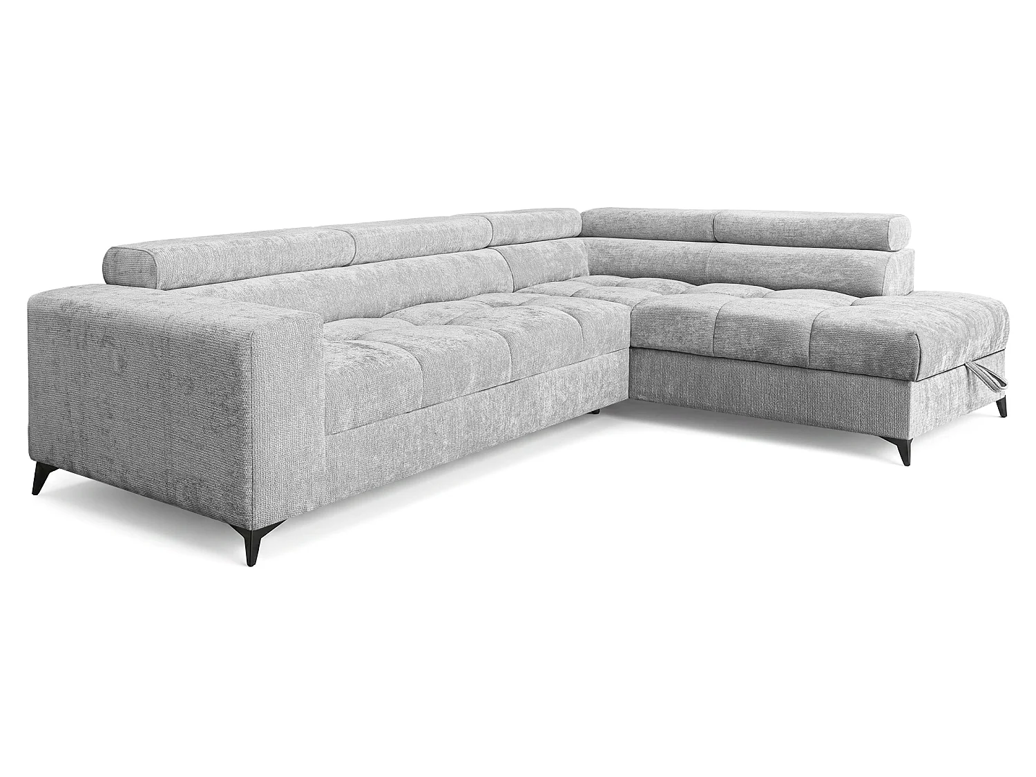 Canapé d'angle droit convertible 5 places tissu chenille gris clair BEVIANO