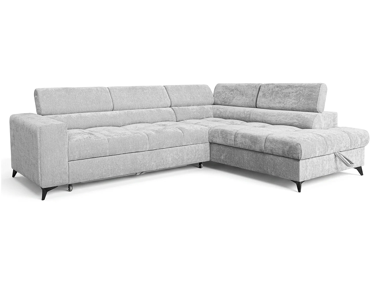Canapé d'angle droit convertible 5 places tissu chenille gris clair BEVIANO