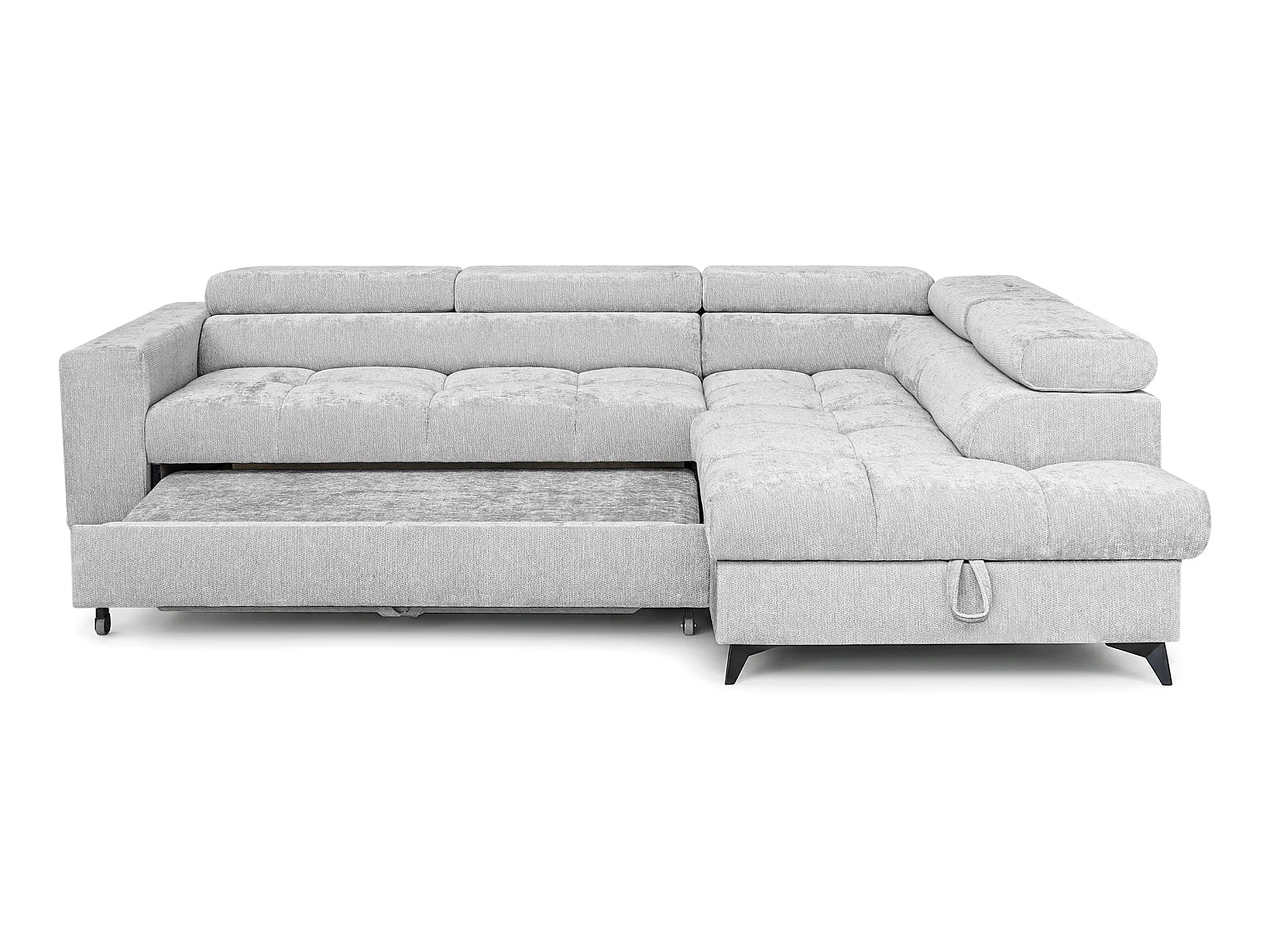 Canapé d'angle droit convertible 5 places tissu chenille gris clair BEVIANO