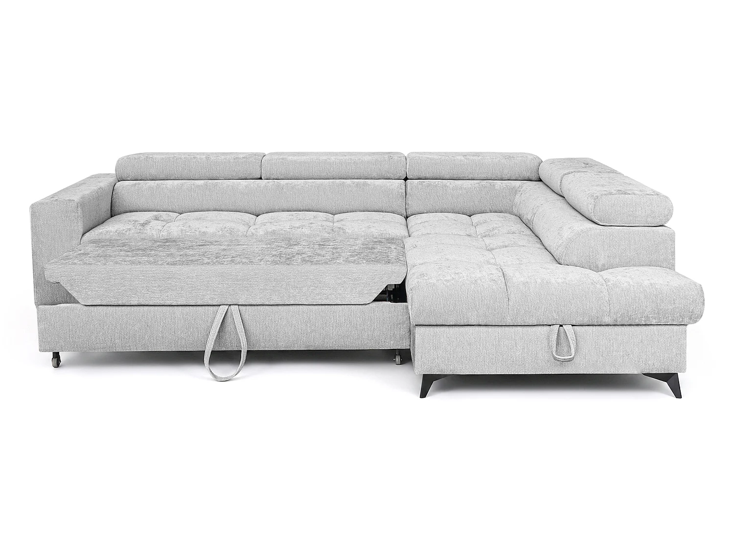 Canapé d'angle droit convertible 5 places tissu chenille gris clair BEVIANO