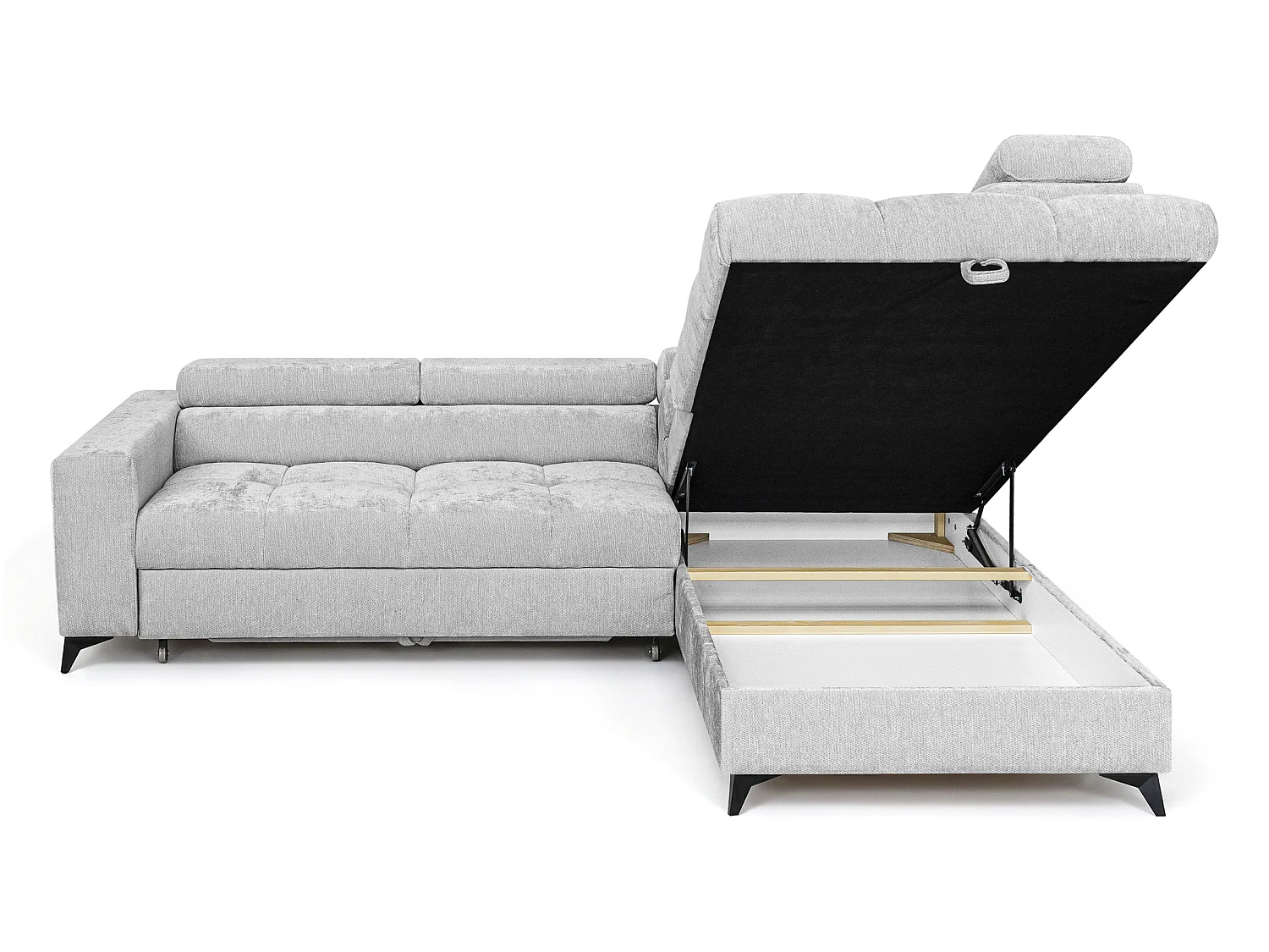 Canapé d'angle droit convertible 5 places tissu chenille gris clair BEVIANO
