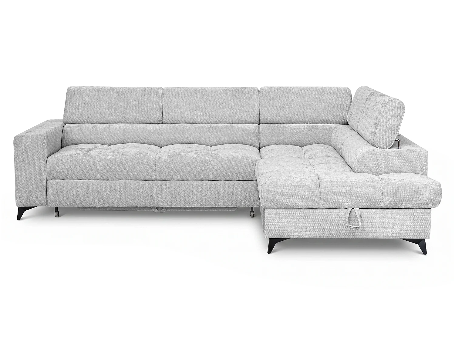 Canapé d'angle droit convertible 5 places tissu chenille gris clair BEVIANO
