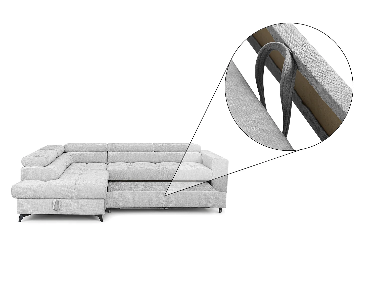 Canapé d'angle droit convertible 5 places tissu chenille gris clair BEVIANO