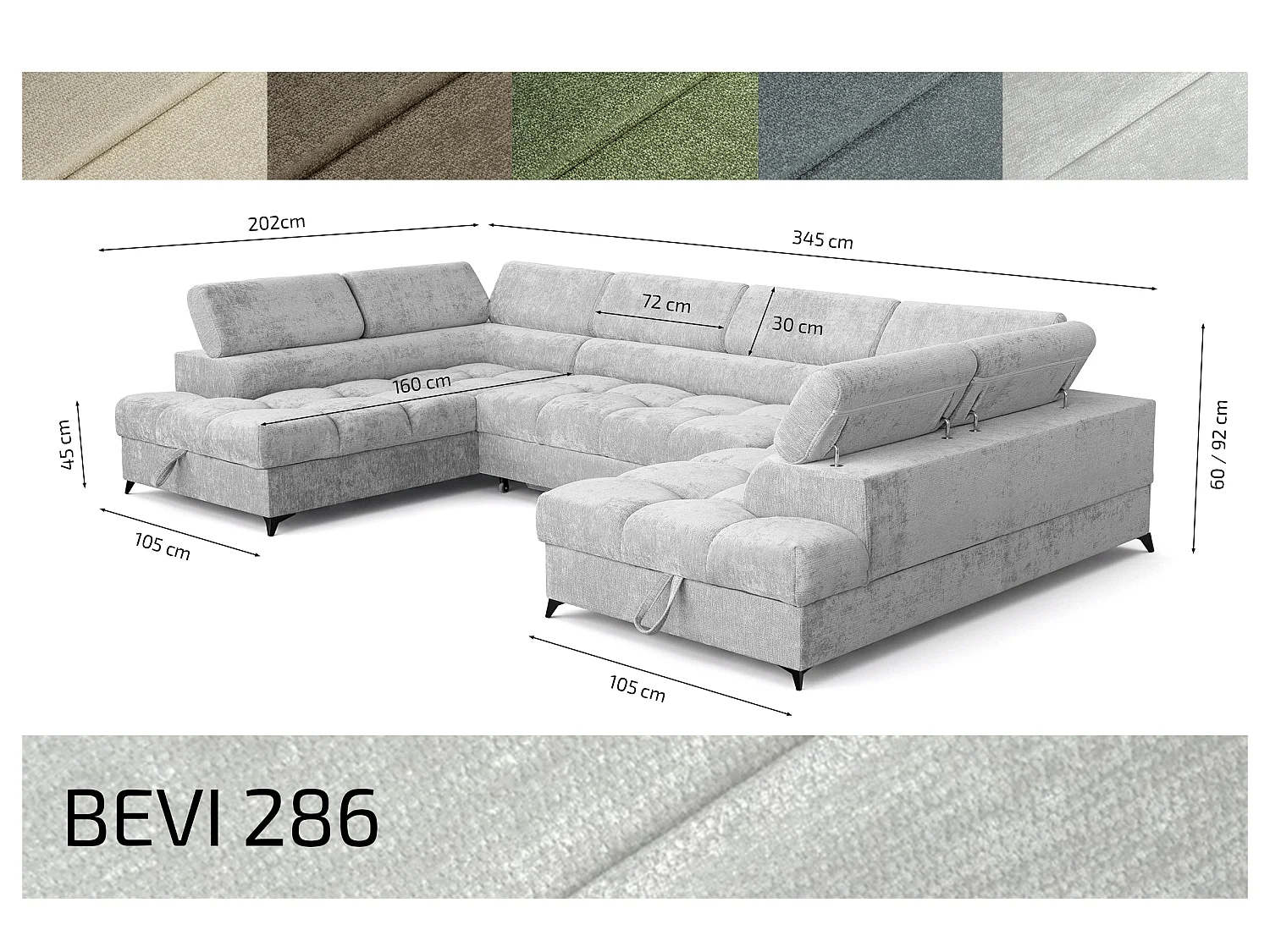 Canapé d'angle en U convertible 6 places tissu chenille gris clair BEVIANO U