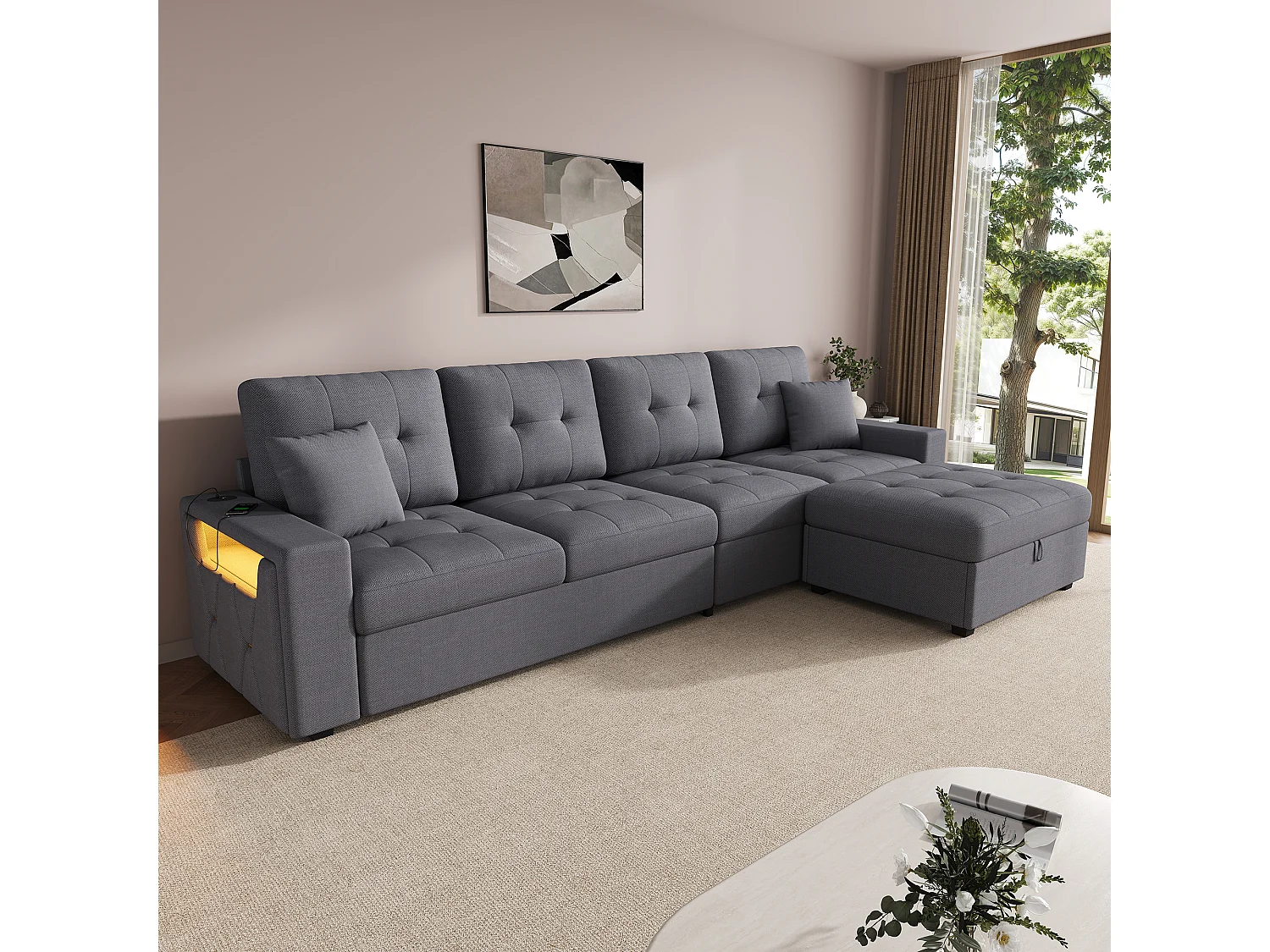Narożna sofa modułowa w kształcie litery L - z portami ładowania i oświetleniem nastrojowym LED - z ruchomym podnóżkiem z miejscem do przechowywania - len - szary