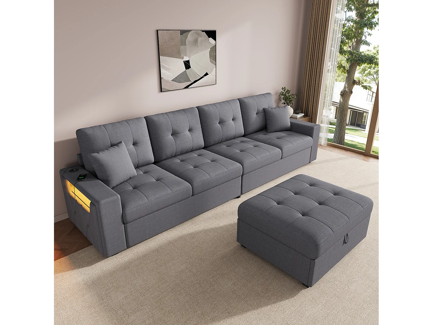 Narożna sofa modułowa w kształcie litery L - z portami ładowania i oświetleniem nastrojowym LED - z ruchomym podnóżkiem z miejscem do przechowywania - len - szary