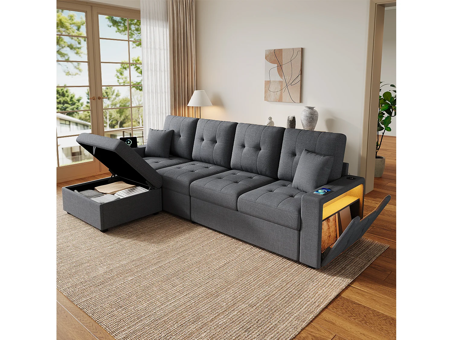 Narożna sofa modułowa w kształcie litery L - z portami ładowania i oświetleniem nastrojowym LED - z ruchomym podnóżkiem z miejscem do przechowywania - len - szary