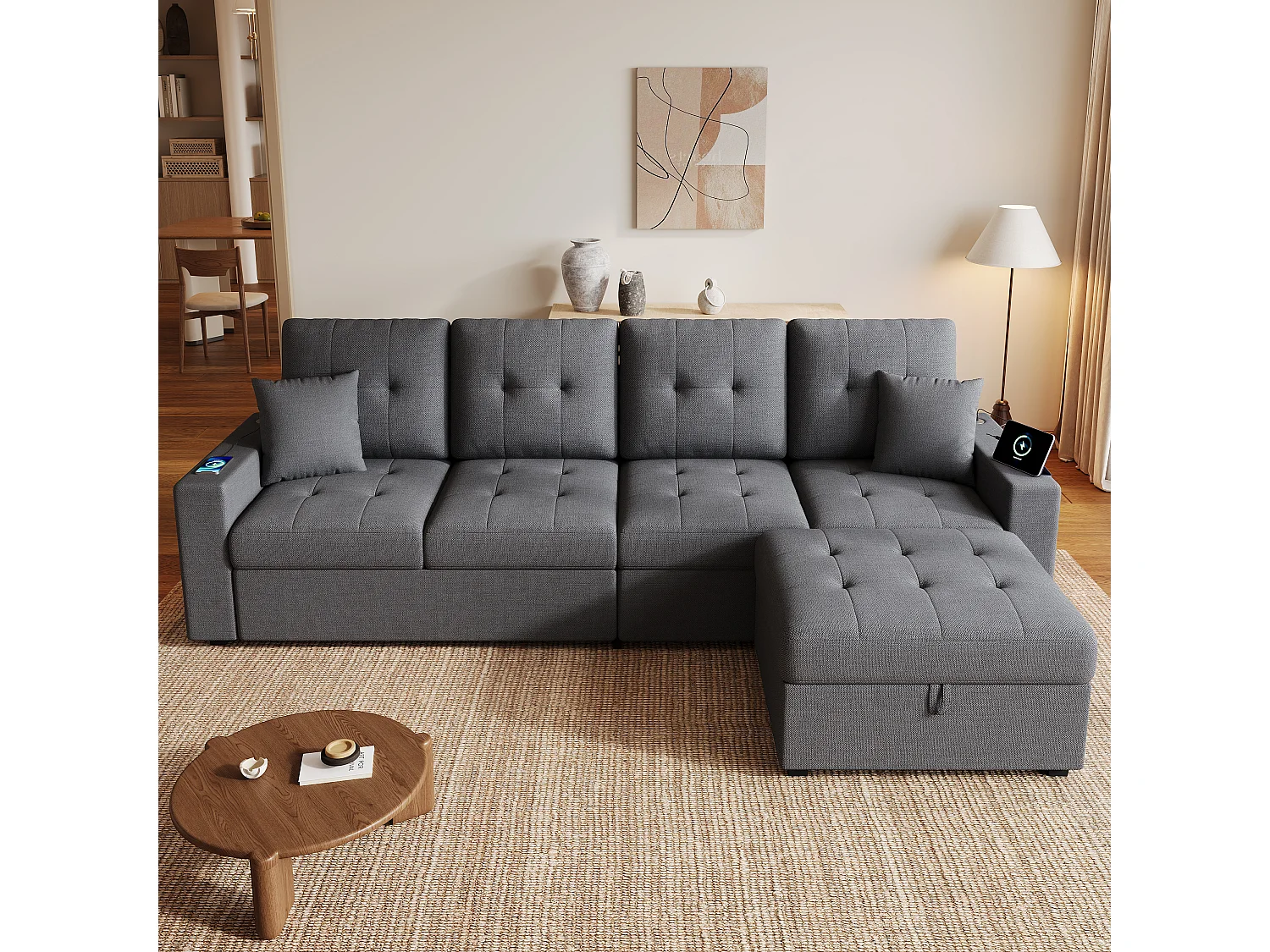 Narożna sofa modułowa w kształcie litery L - z portami ładowania i oświetleniem nastrojowym LED - z ruchomym podnóżkiem z miejscem do przechowywania - len - szary