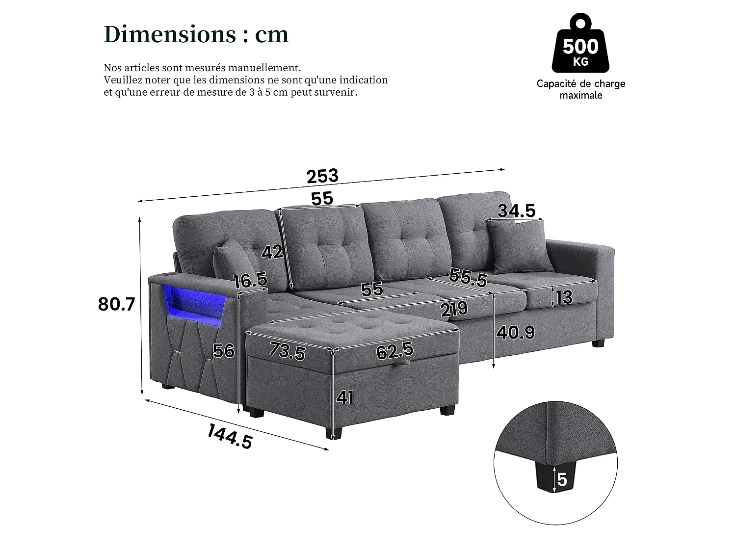 Narożna sofa modułowa w kształcie litery L - z portami ładowania i oświetleniem nastrojowym LED - z ruchomym podnóżkiem z miejscem do przechowywania - len - szary