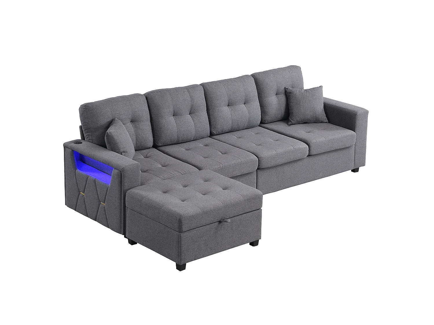 Narożna sofa modułowa w kształcie litery L - z portami ładowania i oświetleniem nastrojowym LED - z ruchomym podnóżkiem z miejscem do przechowywania - len - szary