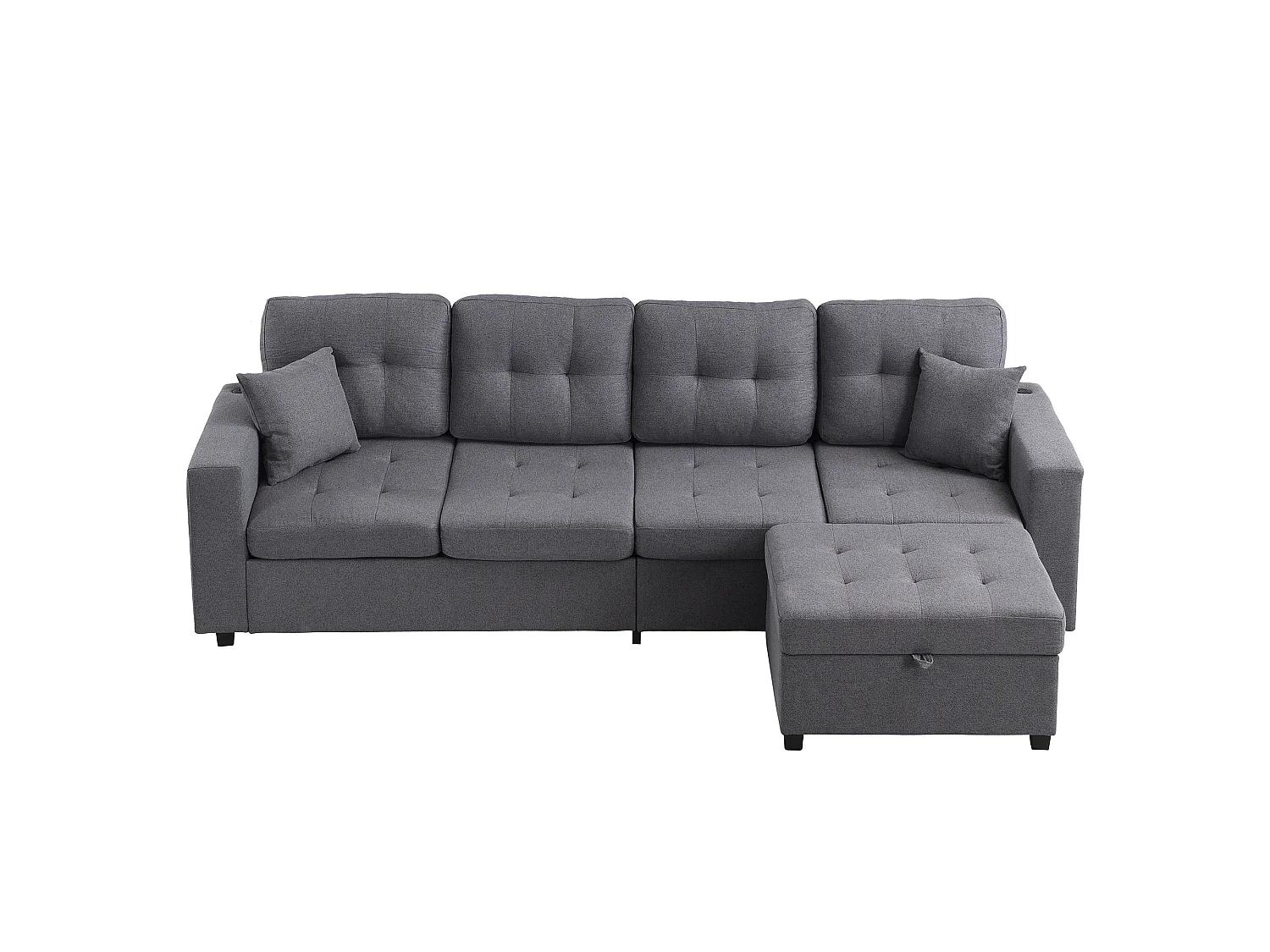 Narożna sofa modułowa w kształcie litery L - z portami ładowania i oświetleniem nastrojowym LED - z ruchomym podnóżkiem z miejscem do przechowywania - len - szary