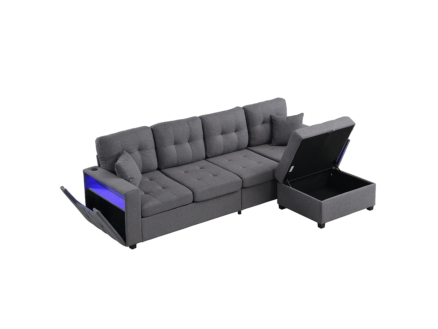 Narożna sofa modułowa w kształcie litery L - z portami ładowania i oświetleniem nastrojowym LED - z ruchomym podnóżkiem z miejscem do przechowywania - len - szary