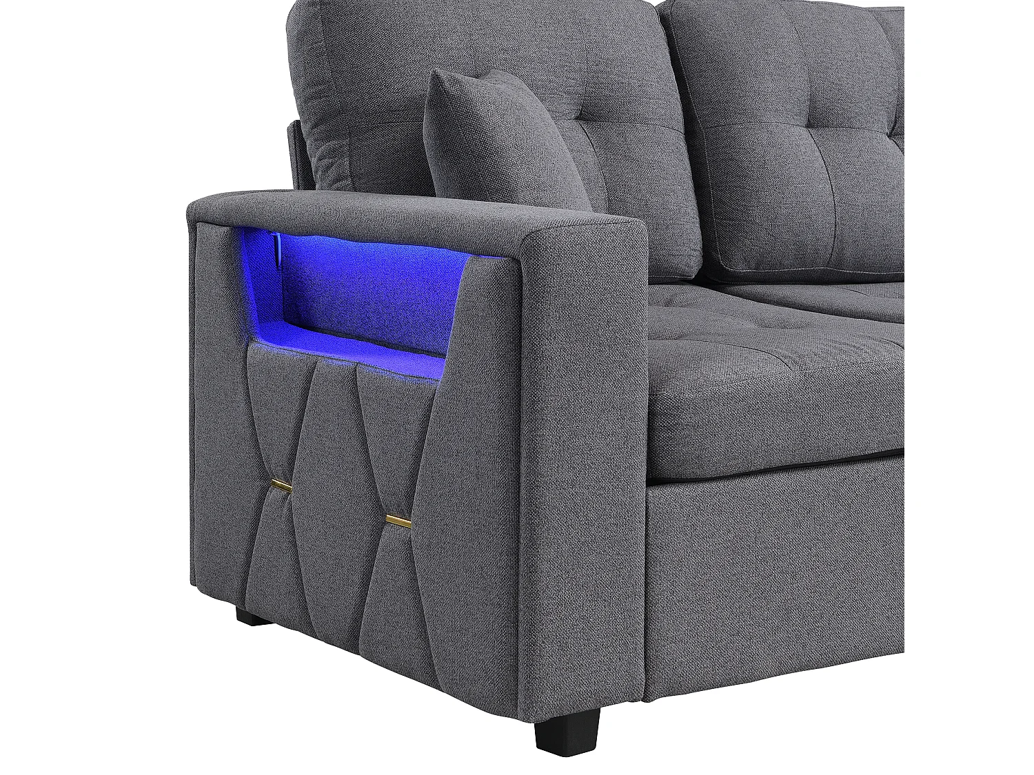 Narożna sofa modułowa w kształcie litery L - z portami ładowania i oświetleniem nastrojowym LED - z ruchomym podnóżkiem z miejscem do przechowywania - len - szary