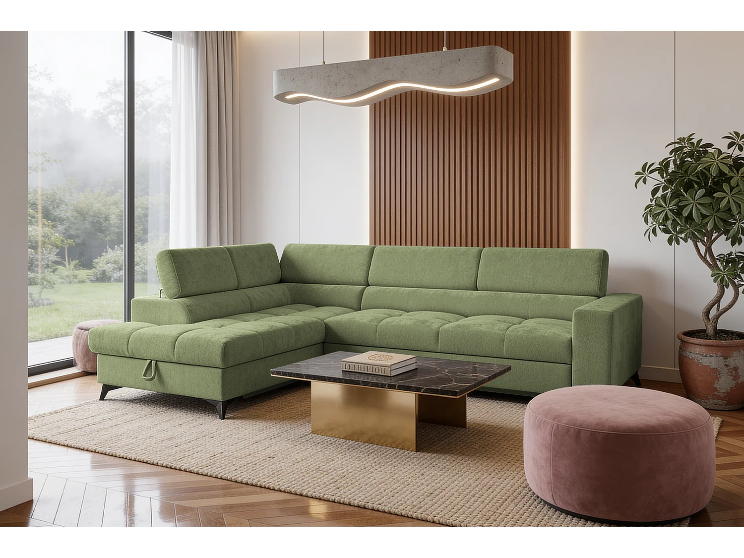 Canapé d'angle gauche convertible 5 places tissu chenille vert BEVIANO