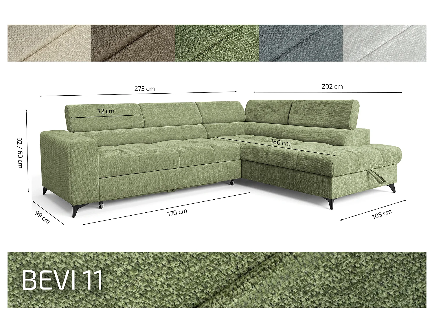 Canapé d'angle gauche convertible 5 places tissu chenille vert BEVIANO