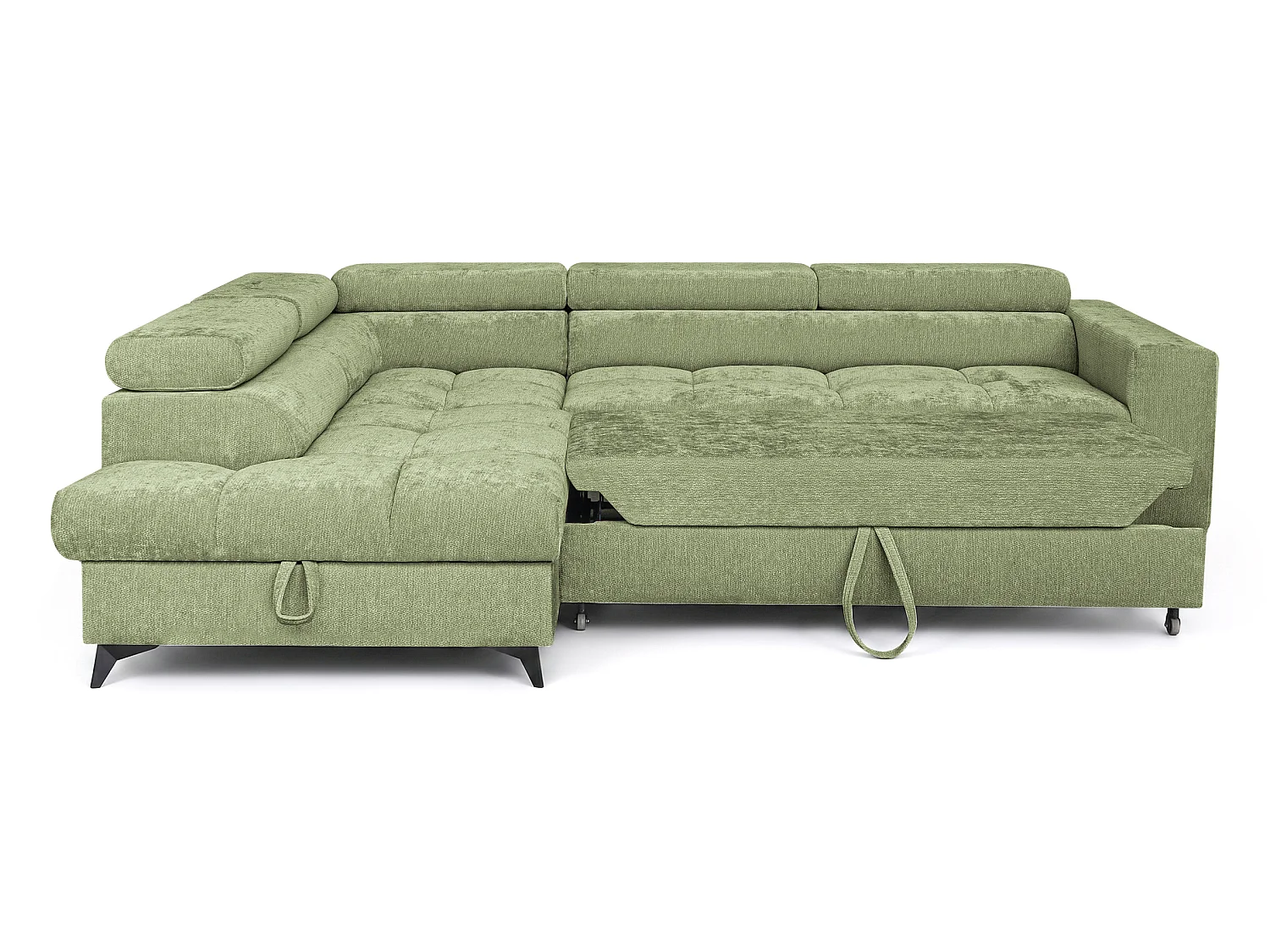 Canapé d'angle gauche convertible 5 places tissu chenille vert BEVIANO