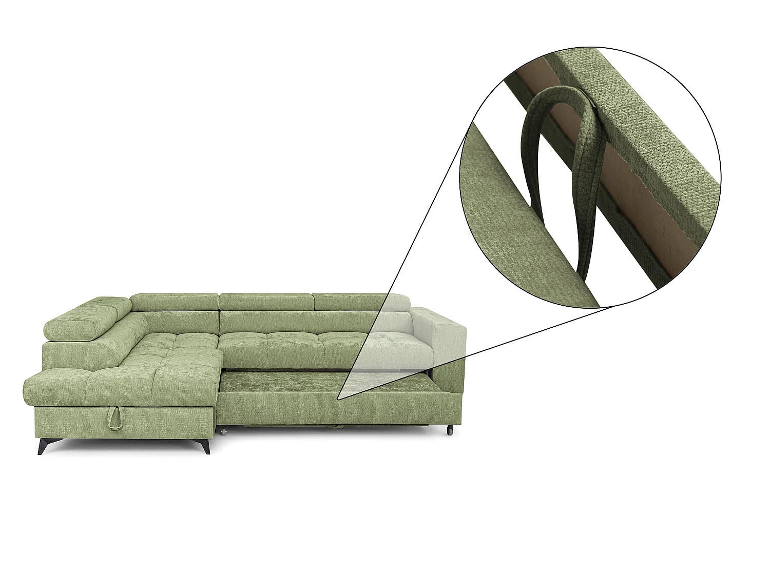 Canapé d'angle gauche convertible 5 places tissu chenille vert BEVIANO