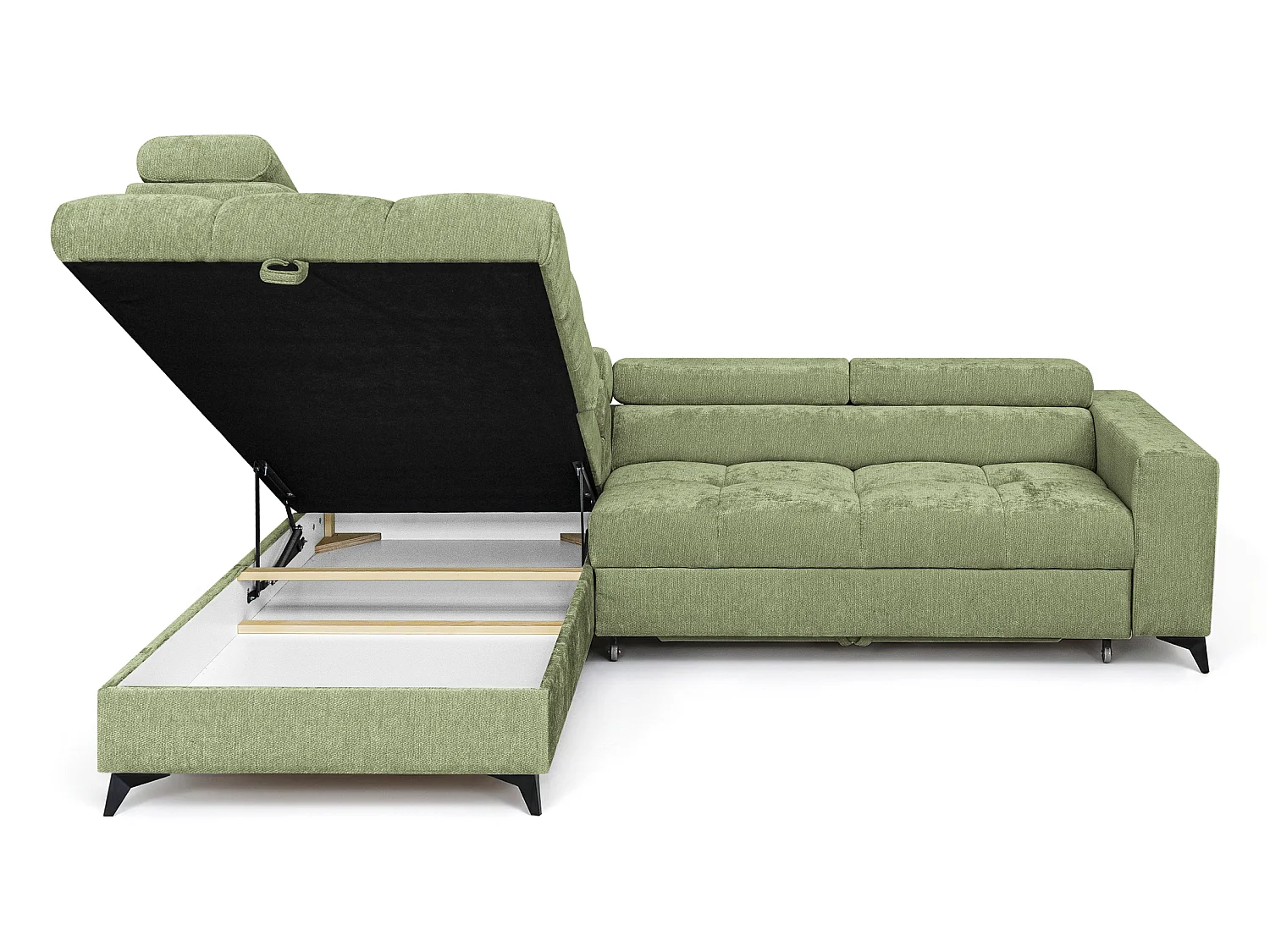 Canapé d'angle gauche convertible 5 places tissu chenille vert BEVIANO