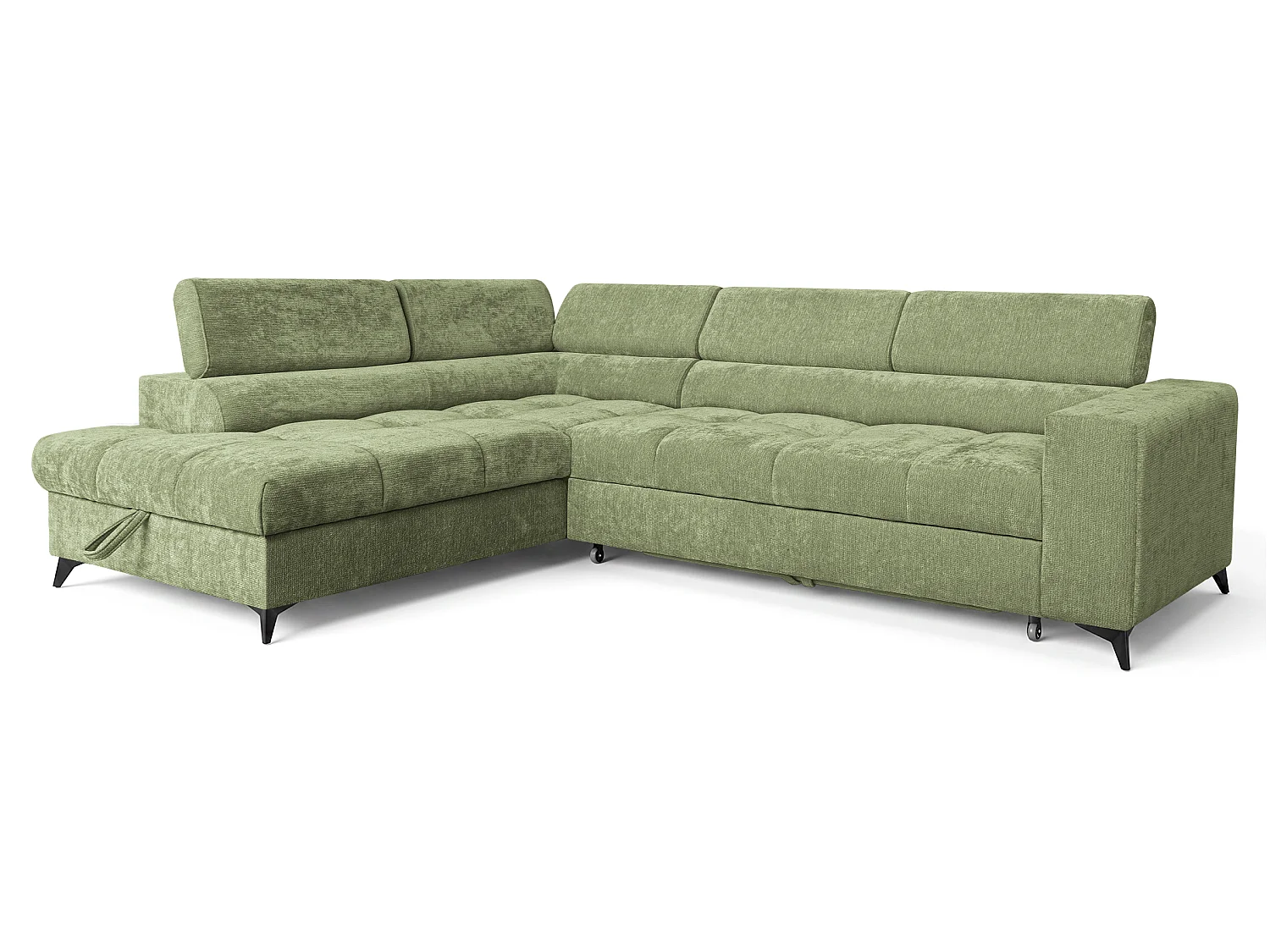 Canapé d'angle gauche convertible 5 places tissu chenille vert BEVIANO
