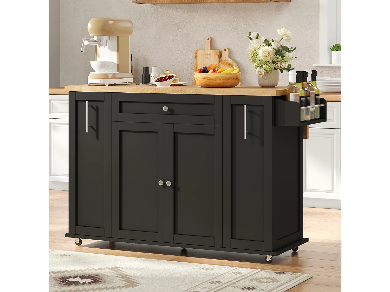 Îlot central de cuisine - table à manger pliable - avec 2 portes et 3 tiroirs - avec roulettes verrouillables - Noir