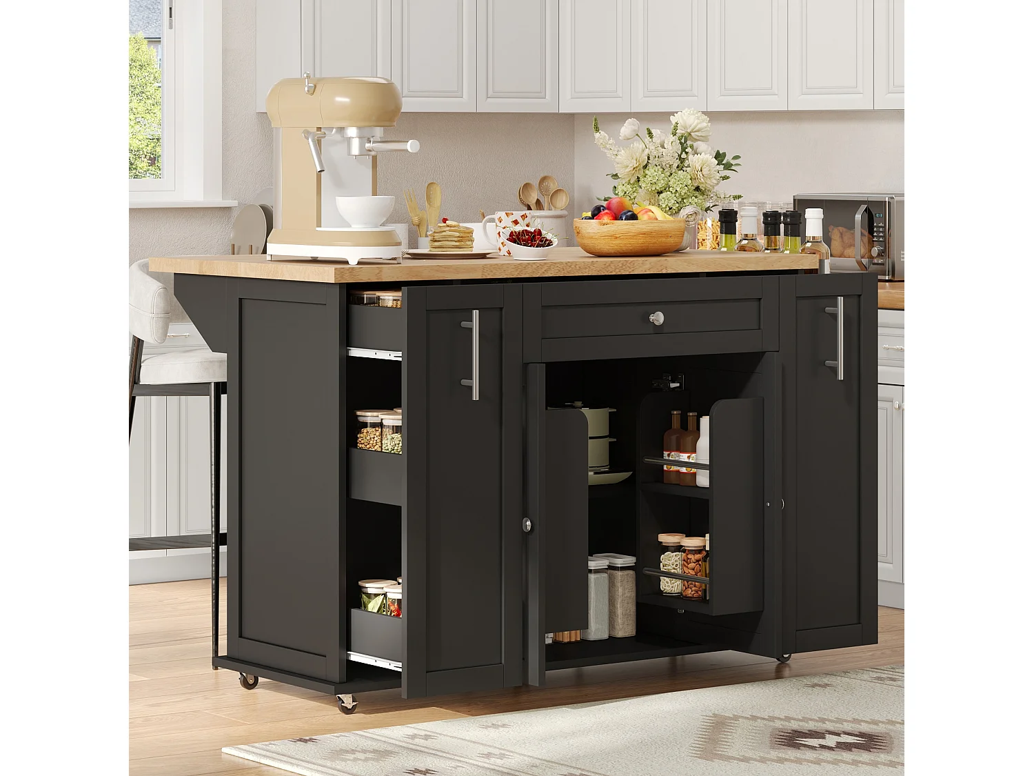 Îlot central de cuisine - table à manger pliable - avec 2 portes et 3 tiroirs - avec roulettes verrouillables - Noir