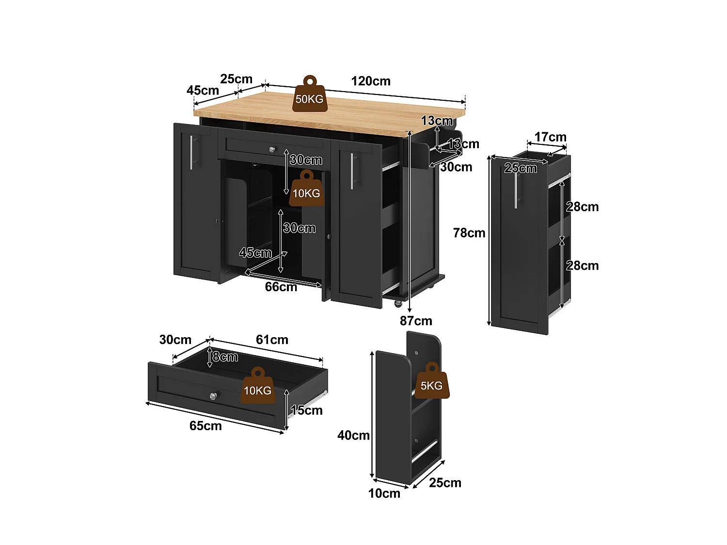 Îlot central de cuisine - table à manger pliable - avec 2 portes et 3 tiroirs - avec roulettes verrouillables - Noir