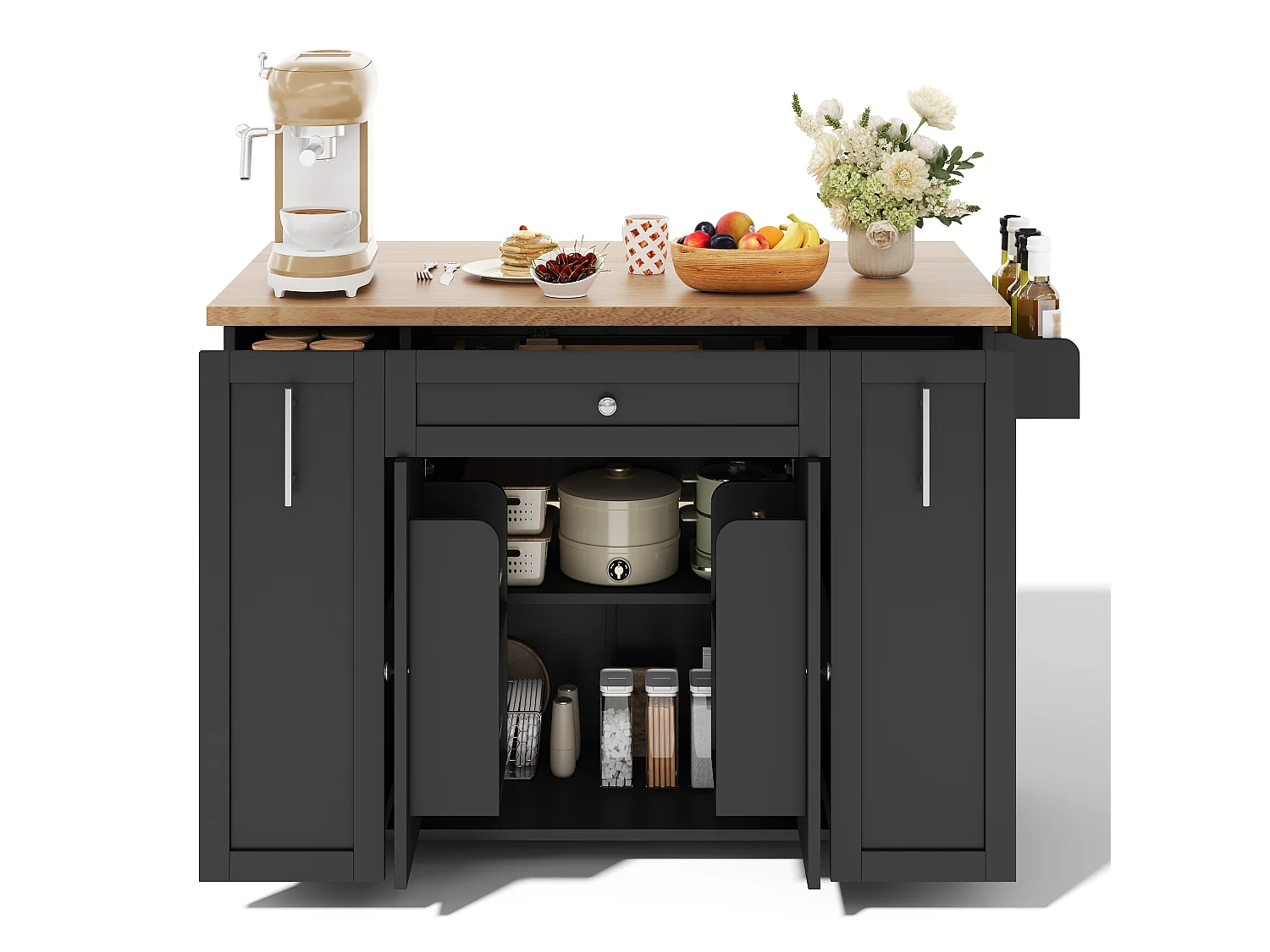 Îlot central de cuisine - table à manger pliable - avec 2 portes et 3 tiroirs - avec roulettes verrouillables - Noir