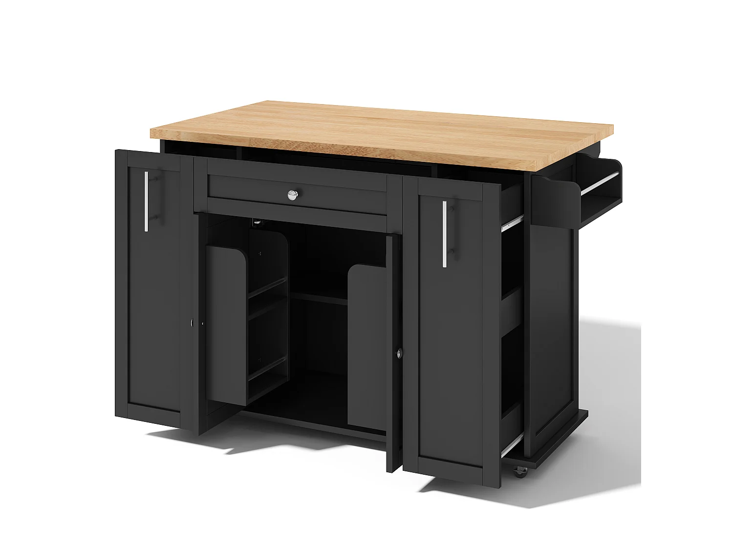 Îlot central de cuisine - table à manger pliable - avec 2 portes et 3 tiroirs - avec roulettes verrouillables - Noir