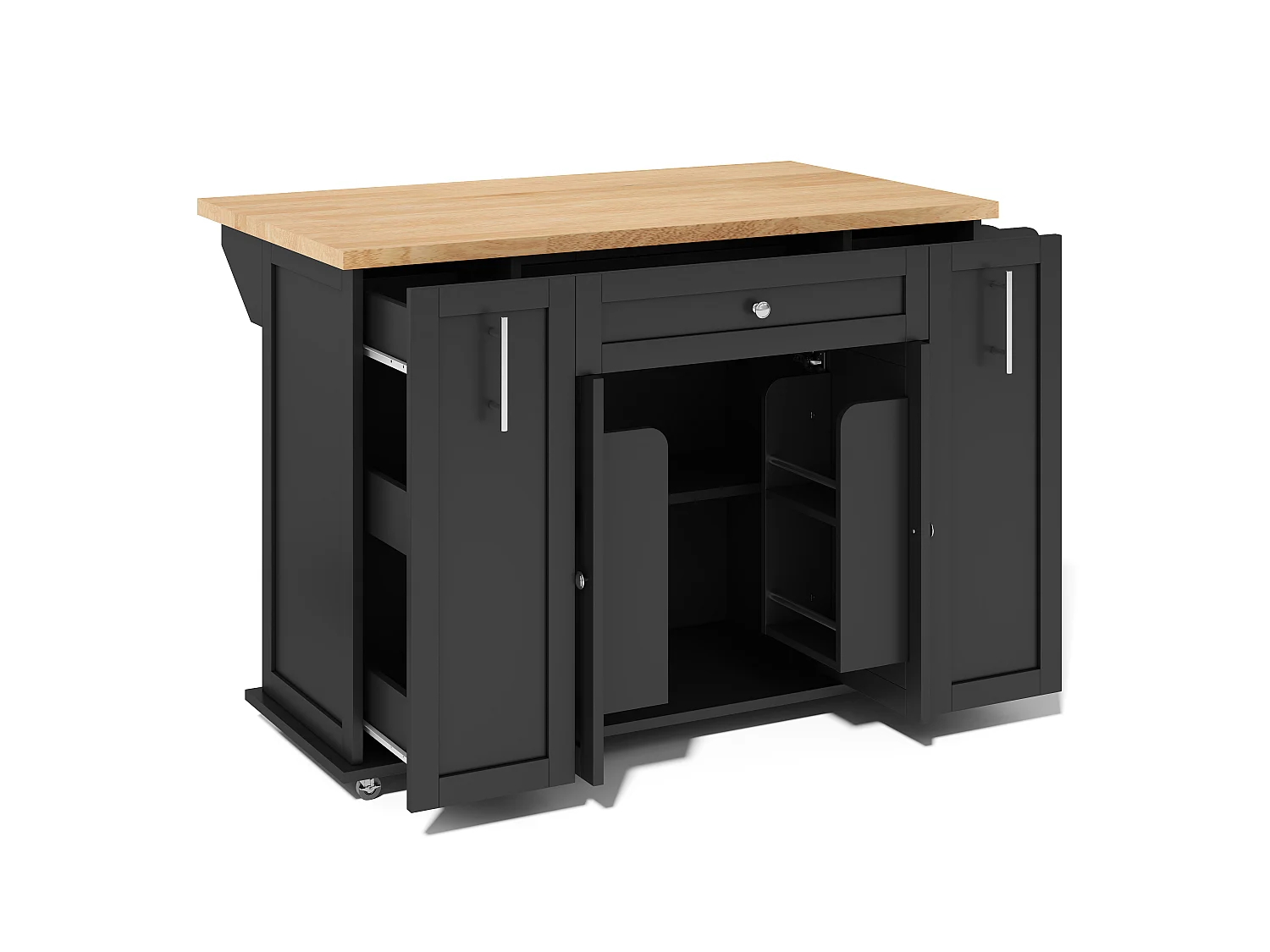 Îlot central de cuisine - table à manger pliable - avec 2 portes et 3 tiroirs - avec roulettes verrouillables - Noir