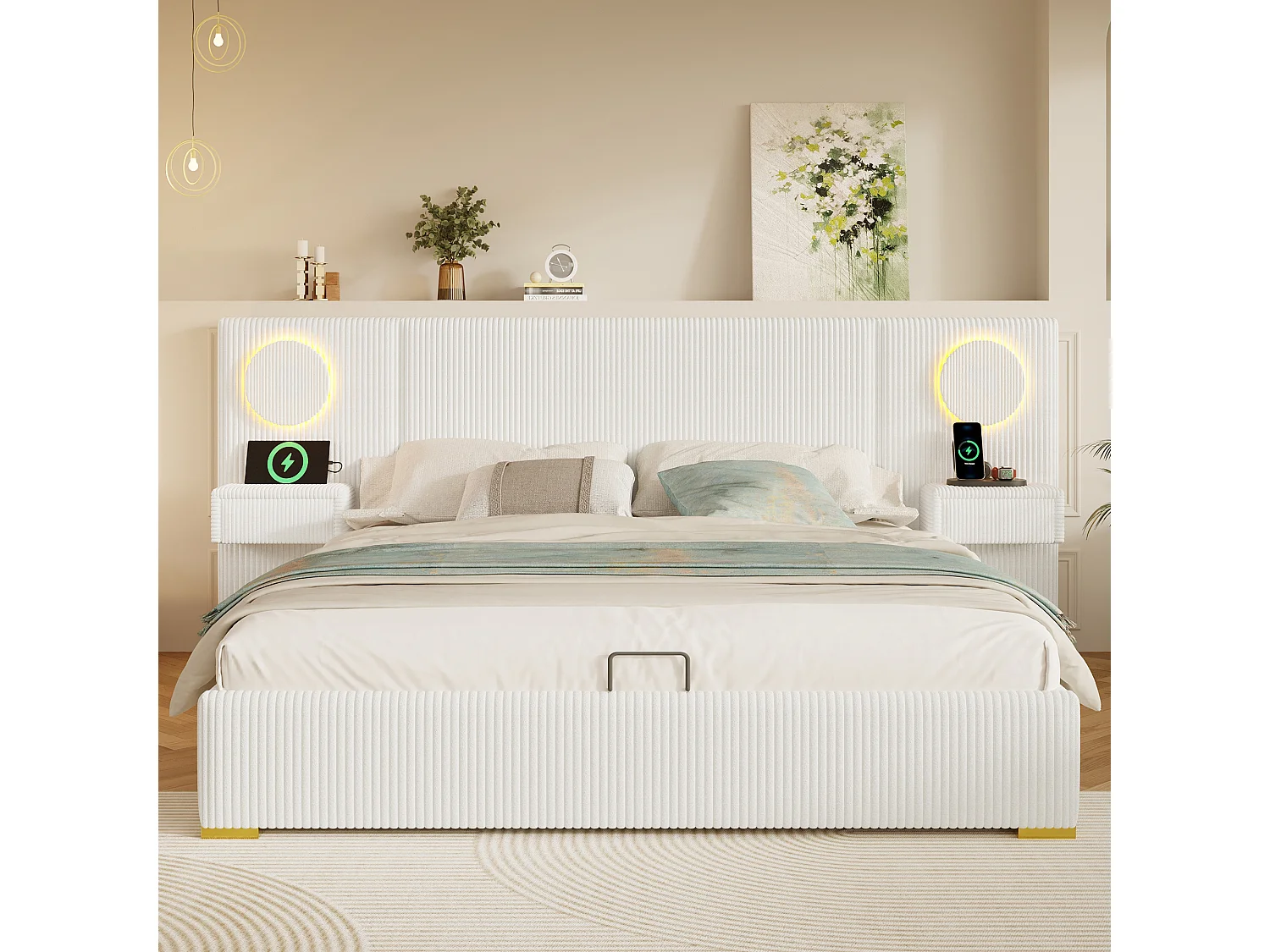 Lit coffre capitonné 180x200 cm en velours français - Avec éclairage LED intégré, port USB et 2 tiroirs de chevet - Beige (sans matelas)