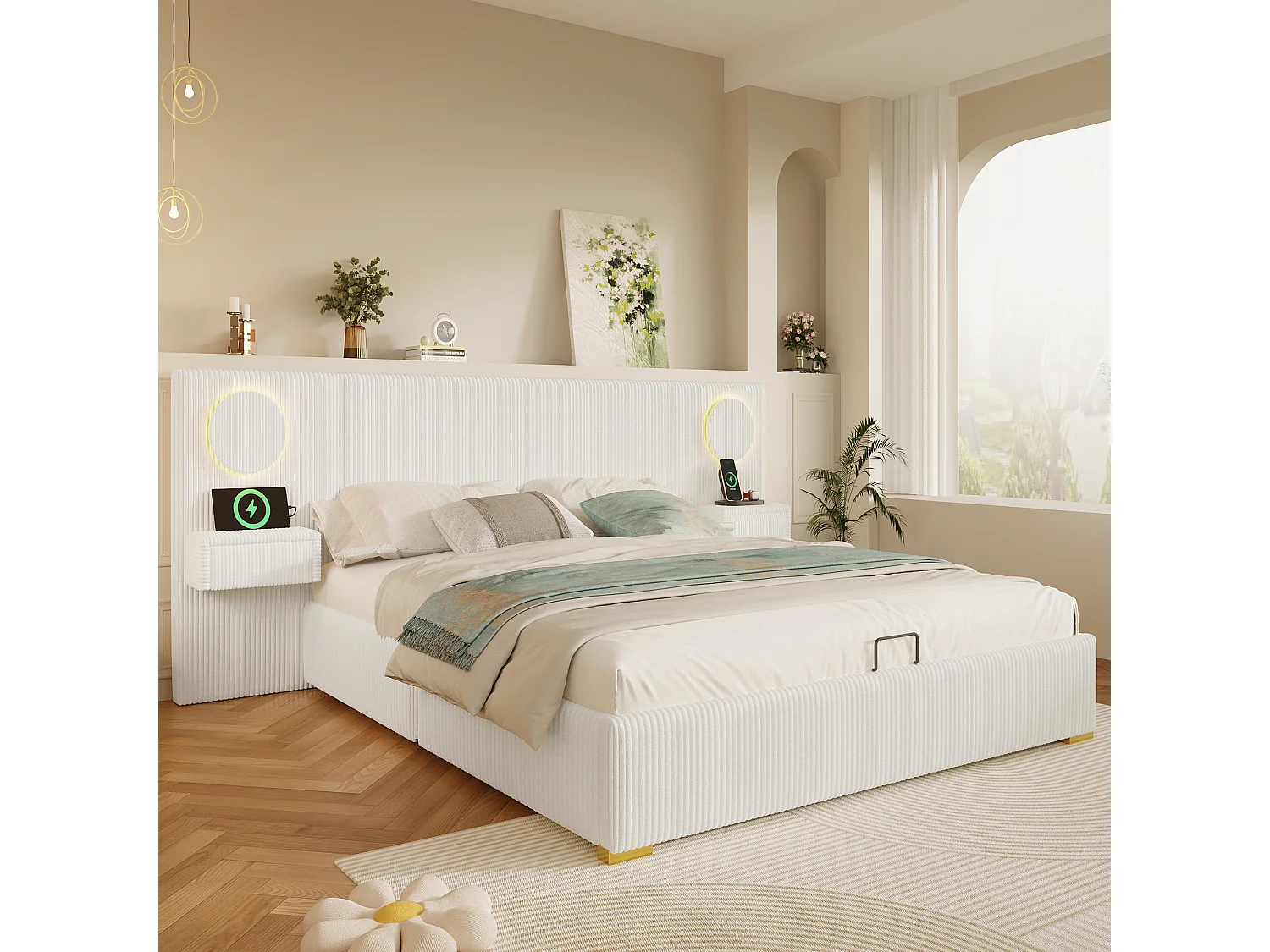 Lit coffre capitonné 180x200 cm en velours français - Avec éclairage LED intégré, port USB et 2 tiroirs de chevet - Beige (sans matelas)