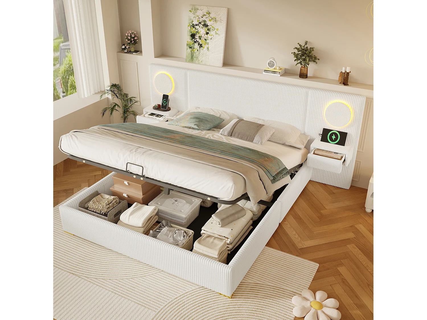 Lit coffre capitonné 180x200 cm en velours français - Avec éclairage LED intégré, port USB et 2 tiroirs de chevet - Beige (sans matelas)