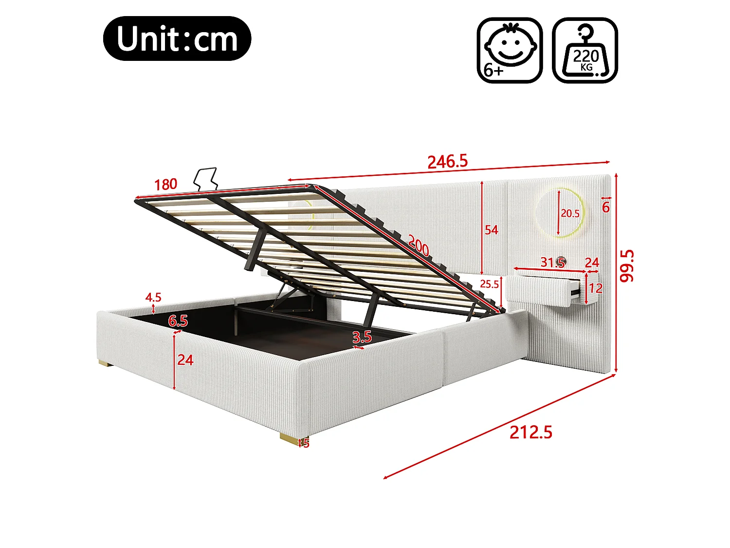 Lit coffre capitonné 180x200 cm en velours français - Avec éclairage LED intégré, port USB et 2 tiroirs de chevet - Beige (sans matelas)