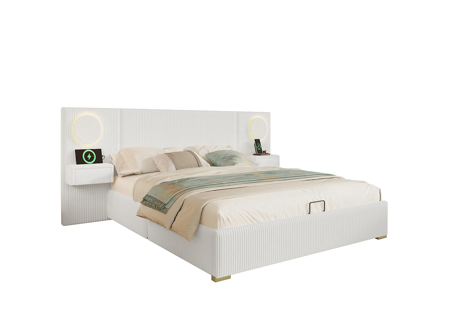Lit coffre capitonné 180x200 cm en velours français - Avec éclairage LED intégré, port USB et 2 tiroirs de chevet - Beige (sans matelas)