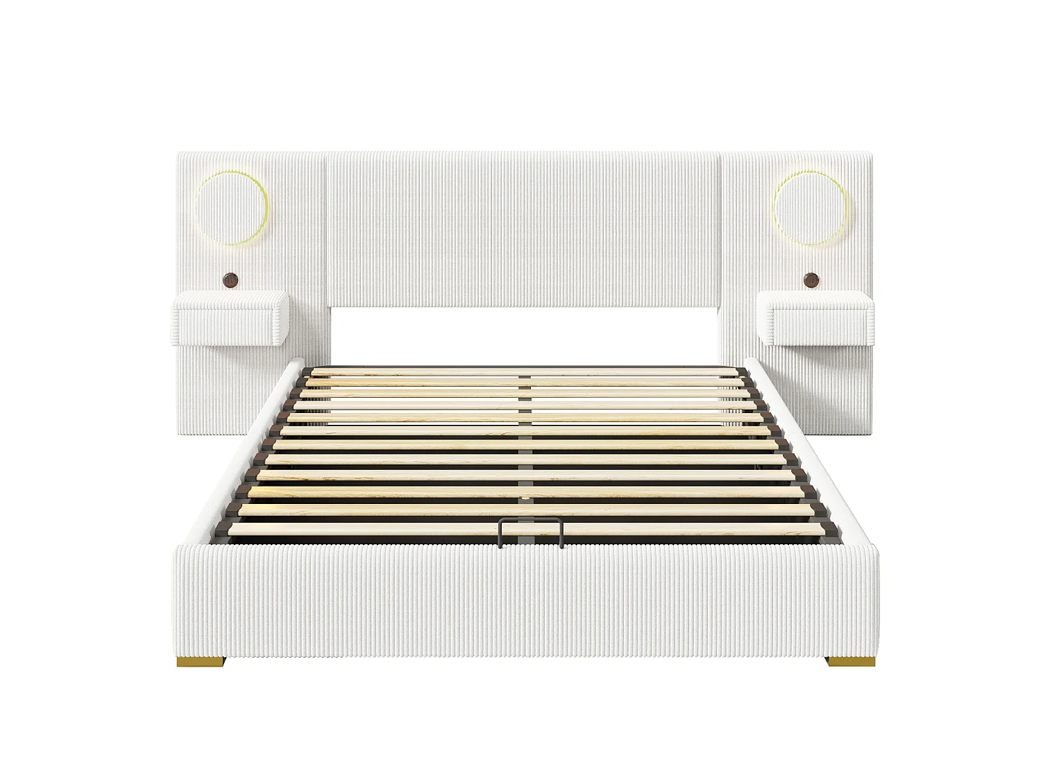 Lit coffre capitonné 180x200 cm en velours français - Avec éclairage LED intégré, port USB et 2 tiroirs de chevet - Beige (sans matelas)