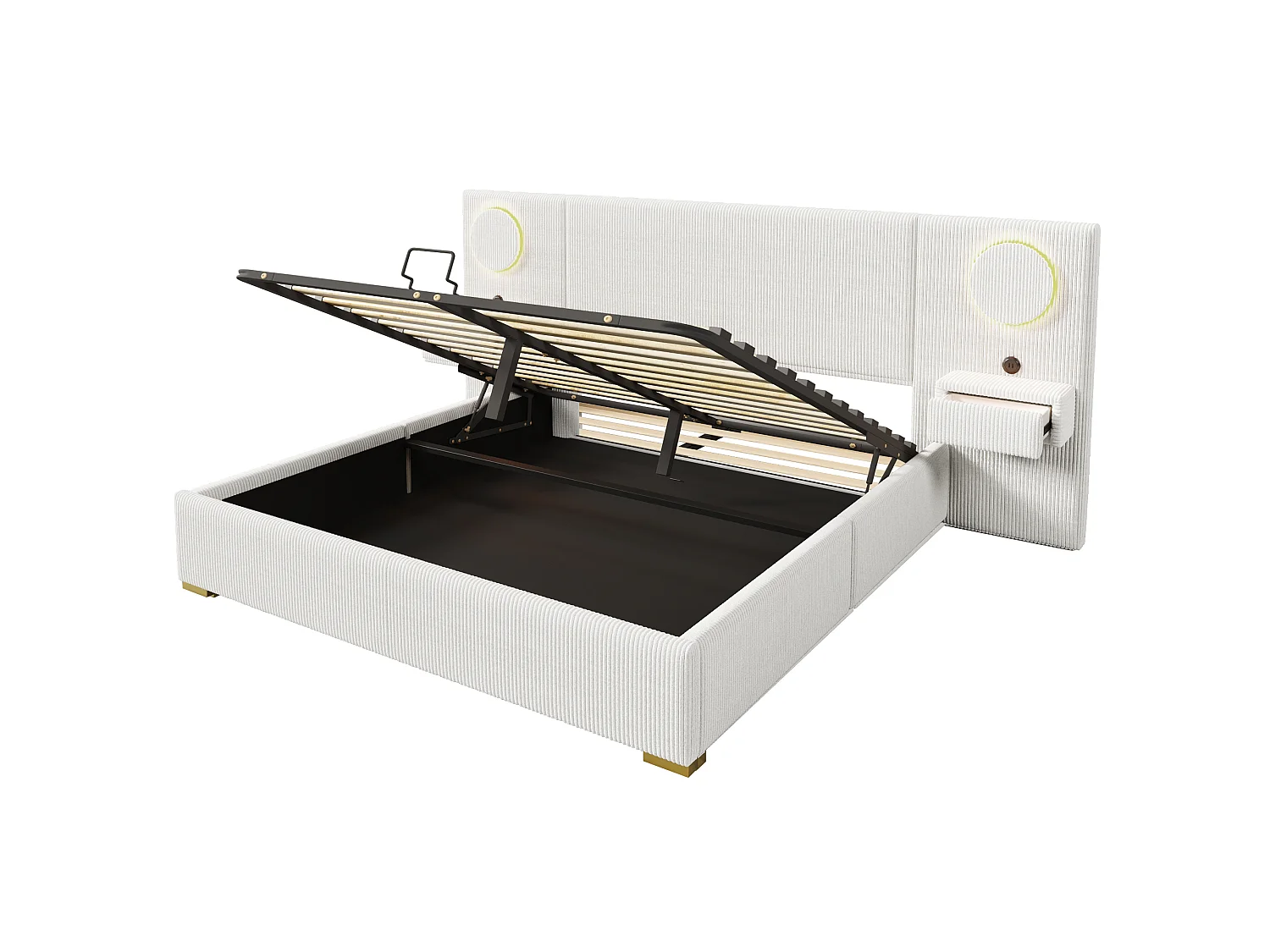Lit coffre capitonné 180x200 cm en velours français - Avec éclairage LED intégré, port USB et 2 tiroirs de chevet - Beige (sans matelas)