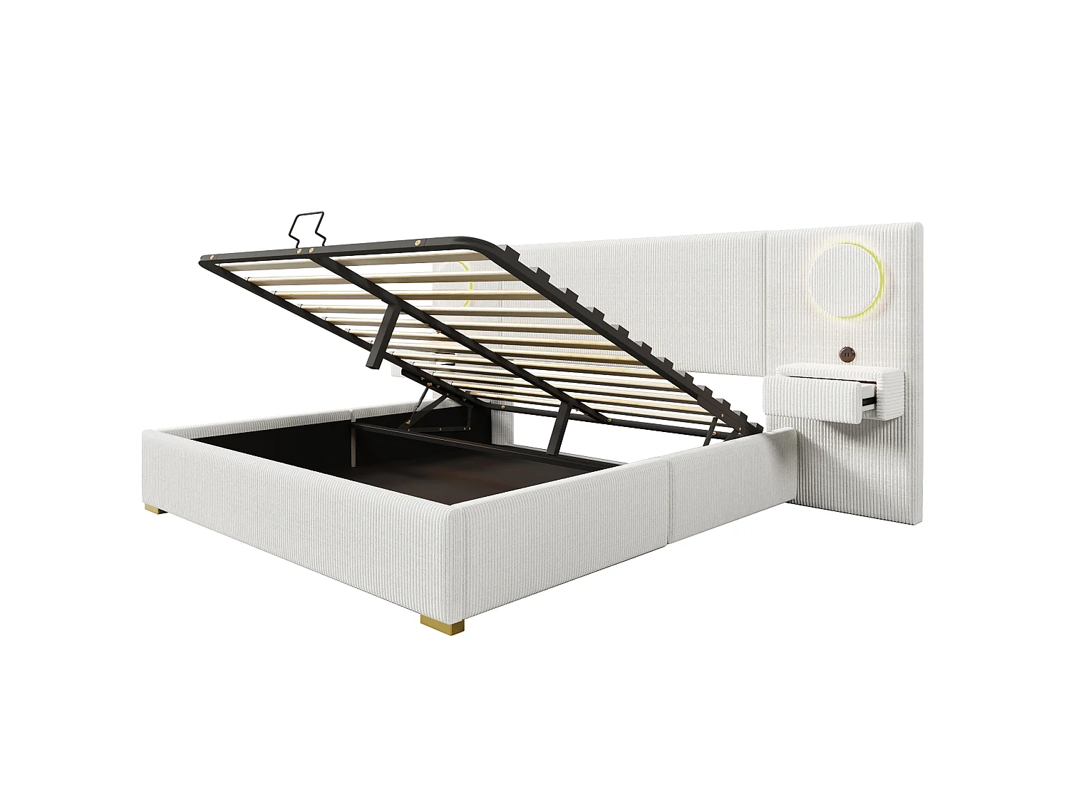 Lit coffre capitonné 180x200 cm en velours français - Avec éclairage LED intégré, port USB et 2 tiroirs de chevet - Beige (sans matelas)