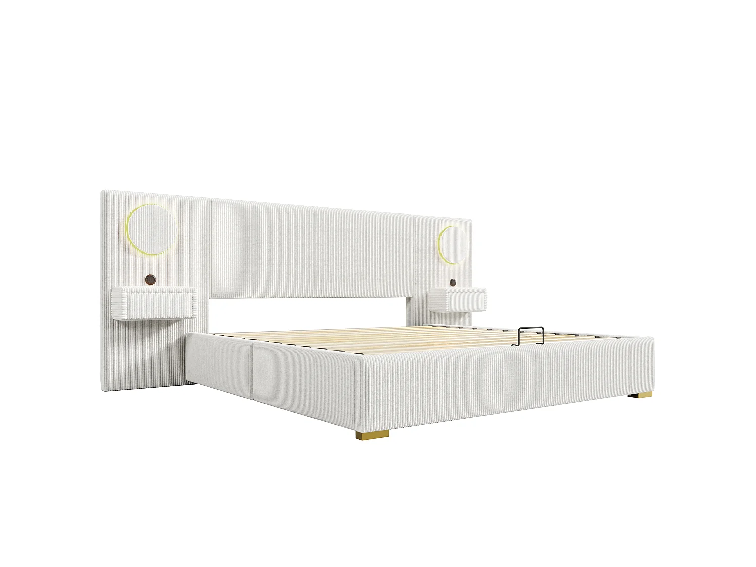 Lit coffre capitonné 180x200 cm en velours français - Avec éclairage LED intégré, port USB et 2 tiroirs de chevet - Beige (sans matelas)