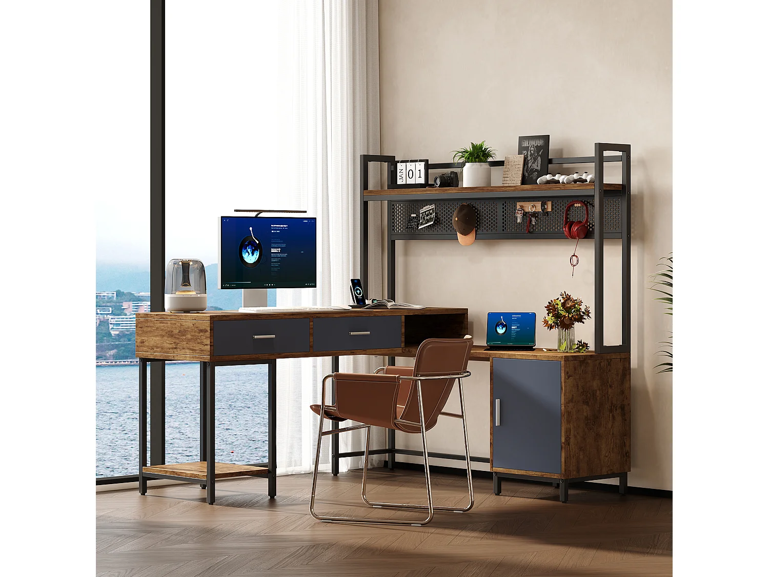 Bureau d'angle avec 2 tiroirs, étagères ouvertes et 1 porte - MDF et métal - 140 x 140 x 135 cm - Bois naturel et noir
