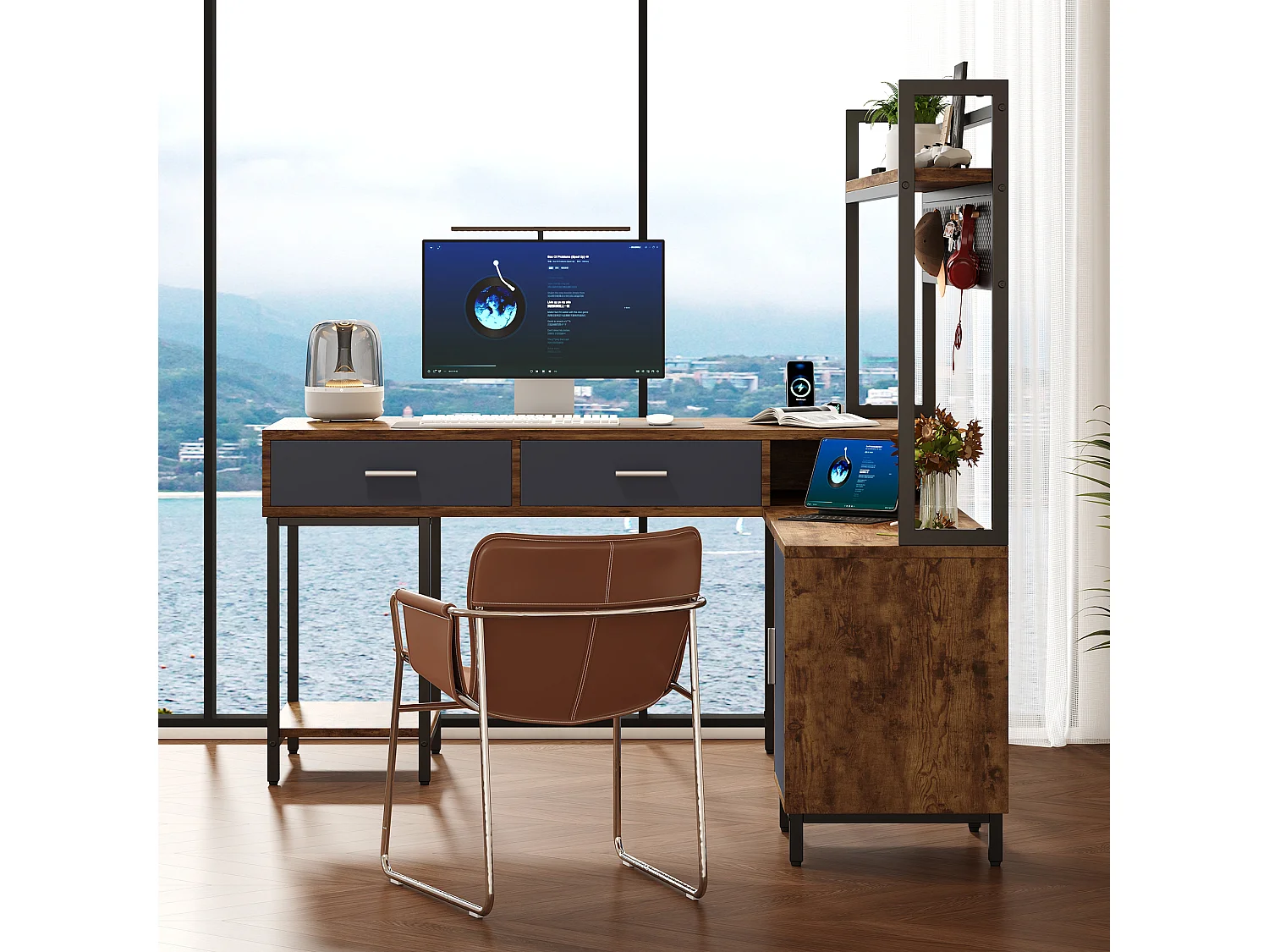 Bureau d'angle avec 2 tiroirs, étagères ouvertes et 1 porte - MDF et métal - 140 x 140 x 135 cm - Bois naturel et noir