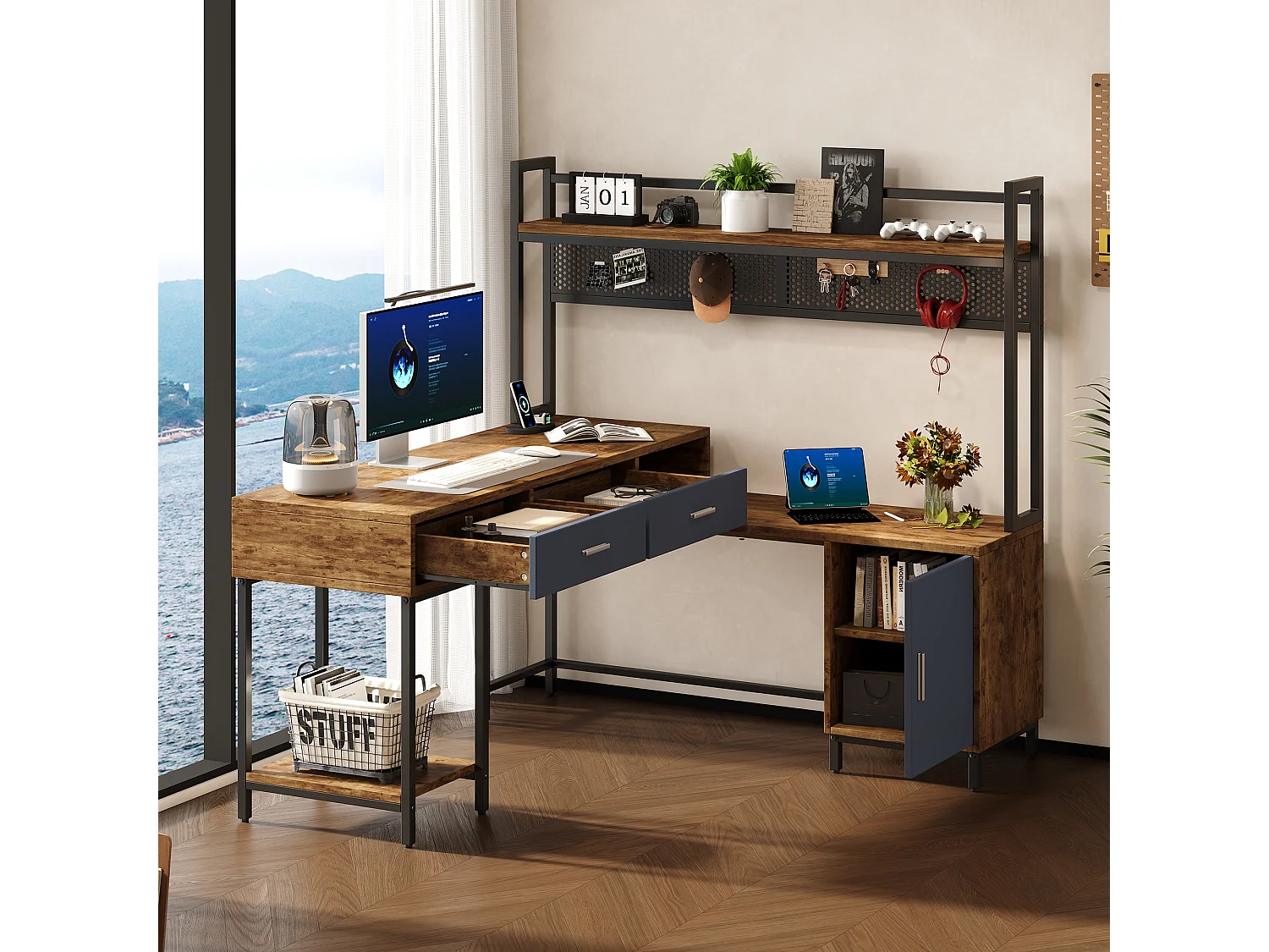 Bureau d'angle avec 2 tiroirs, étagères ouvertes et 1 porte - MDF et métal - 140 x 140 x 135 cm - Bois naturel et noir