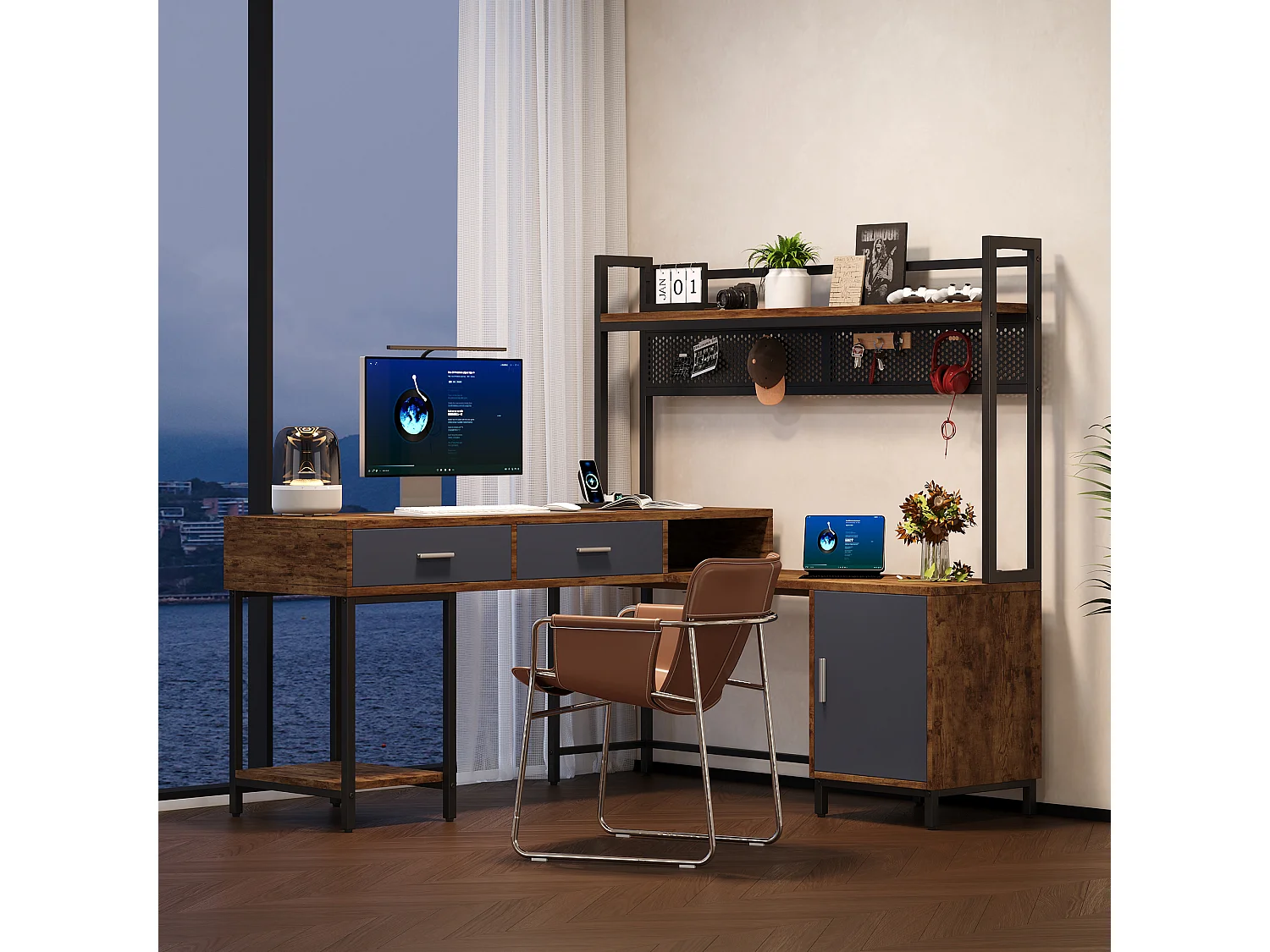 Bureau d'angle avec 2 tiroirs, étagères ouvertes et 1 porte - MDF et métal - 140 x 140 x 135 cm - Bois naturel et noir