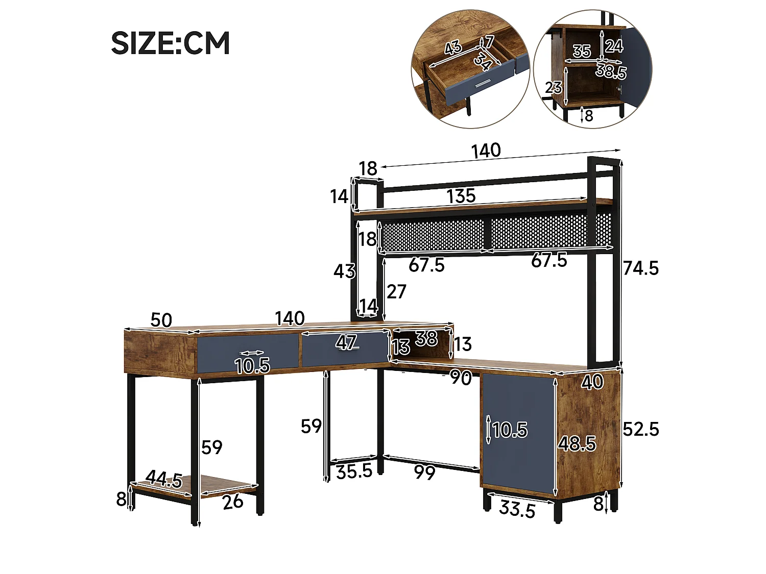 Bureau d'angle avec 2 tiroirs, étagères ouvertes et 1 porte - MDF et métal - 140 x 140 x 135 cm - Bois naturel et noir
