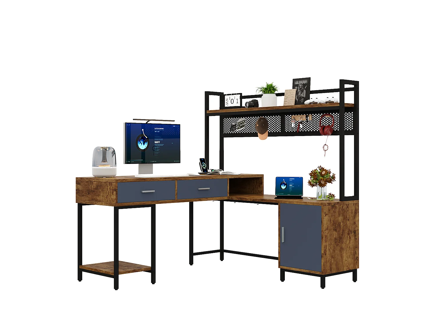 Bureau d'angle avec 2 tiroirs, étagères ouvertes et 1 porte - MDF et métal - 140 x 140 x 135 cm - Bois naturel et noir