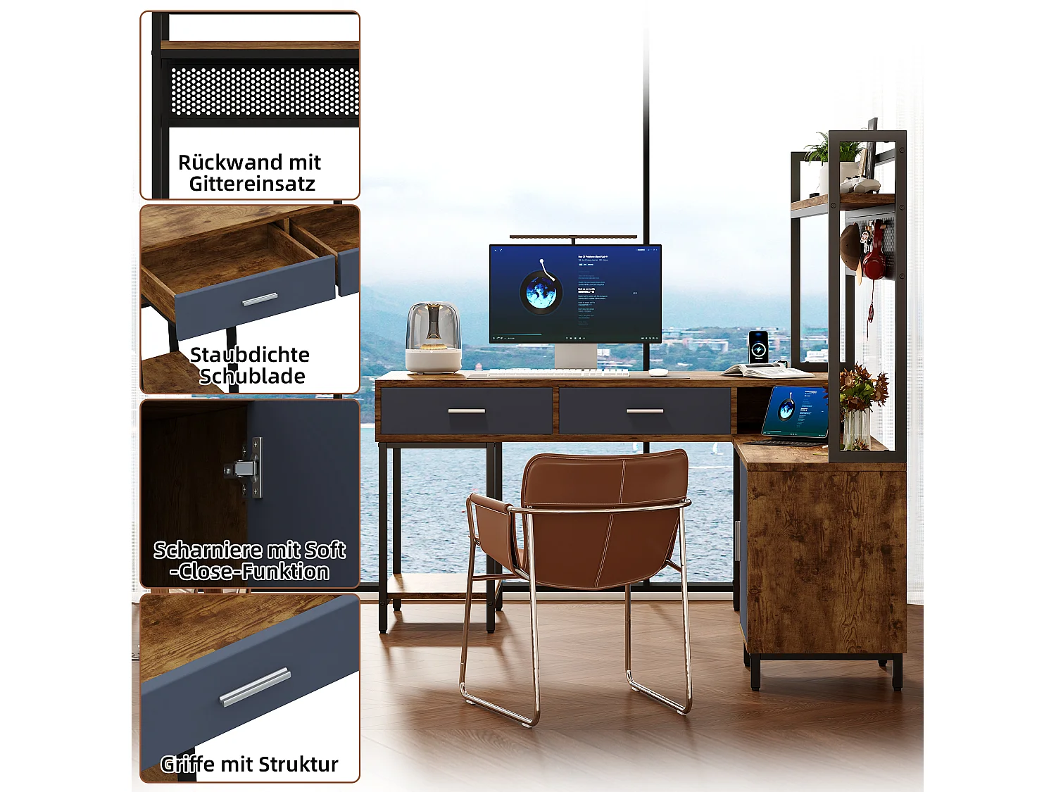 Bureau d'angle avec 2 tiroirs, étagères ouvertes et 1 porte - MDF et métal - 140 x 140 x 135 cm - Bois naturel et noir