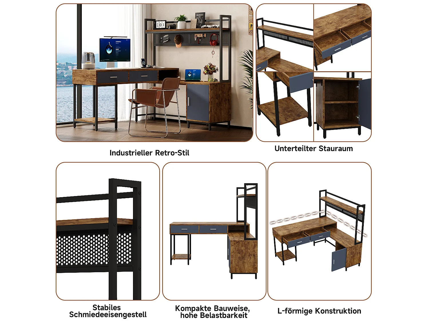 Bureau d'angle avec 2 tiroirs, étagères ouvertes et 1 porte - MDF et métal - 140 x 140 x 135 cm - Bois naturel et noir