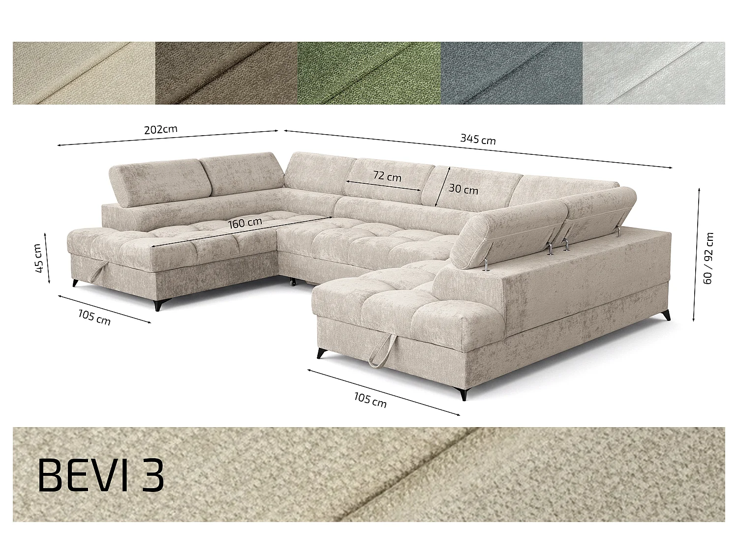 Canapé d'angle en U convertible 6 places tissu chenille beige BEVIANO U