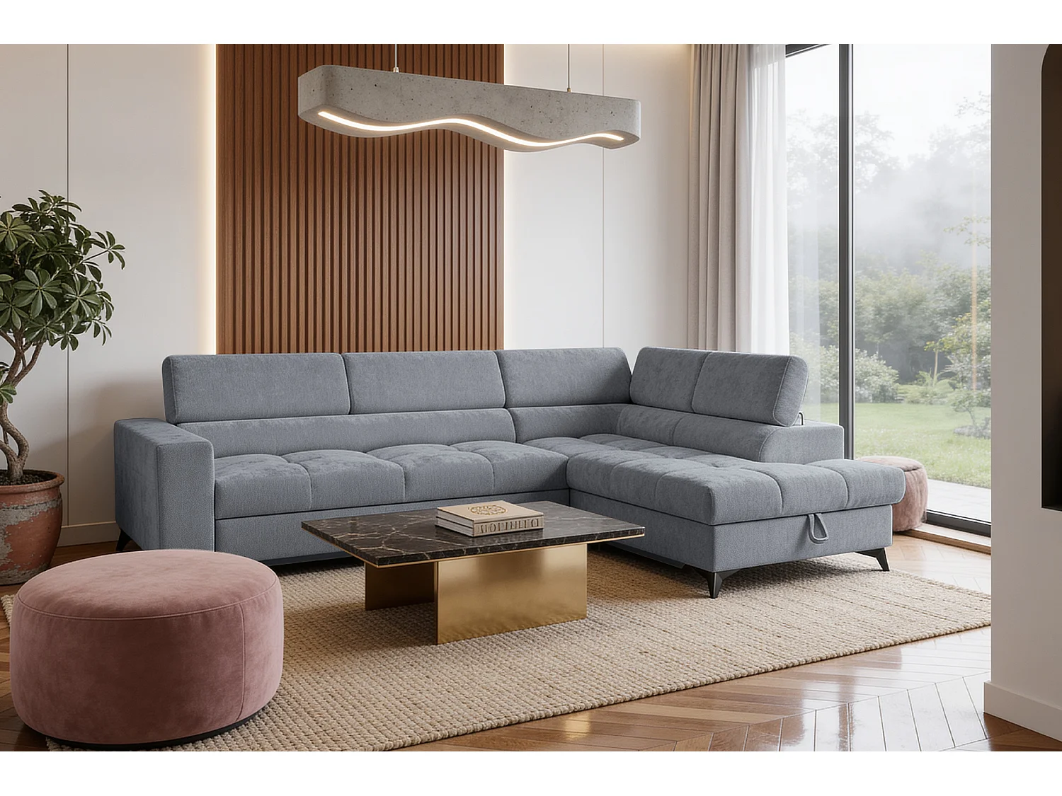 Canapé d'angle droit convertible 5 places tissu chenille gris BEVIANO