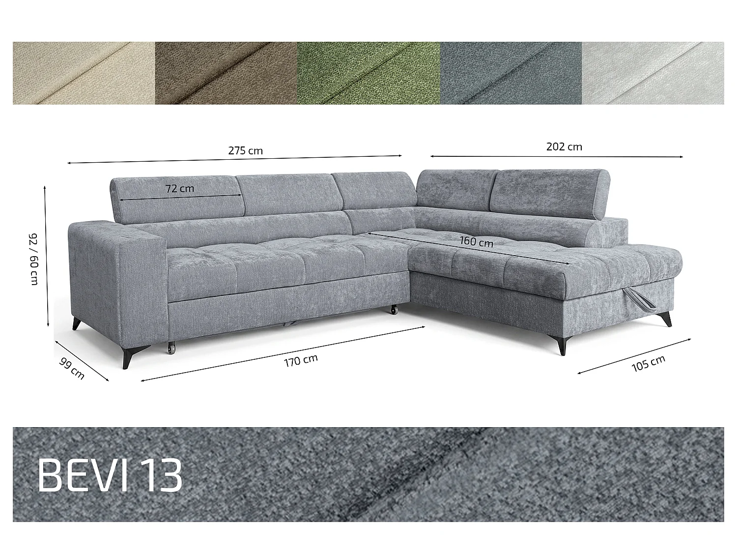 Canapé d'angle droit convertible 5 places tissu chenille gris BEVIANO